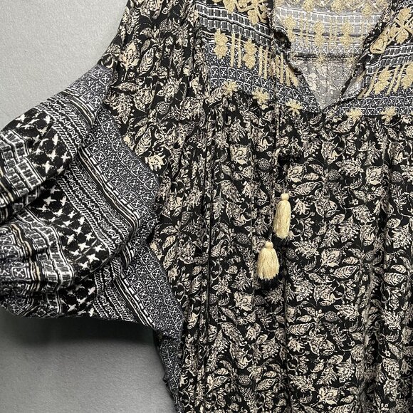 Rachel Roy Womens Boho Blouse Top With Tassels Floral Print Black & Beige S - Picture 3 of 7